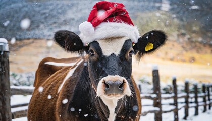 Wall Mural - a farm cow wearing santa claus hat ion snowy winter background