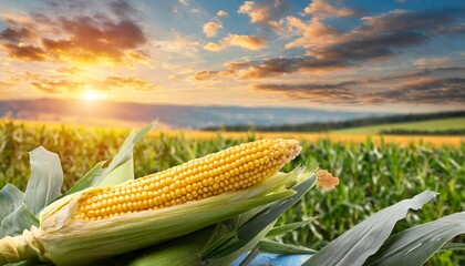 Wall Mural - fresh cob of ripe corn on green field at sunset