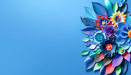 Wall Mural - Vibrant paper flowers and leaves in quilling technique on a blue background. Craft and design concept. Generative AI