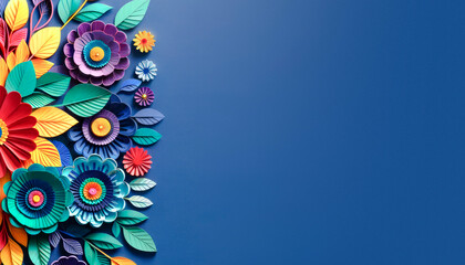 Wall Mural - Assorted colorful paper flowers on a gradient blue background. Creativity and floral art concept. Generative AI
