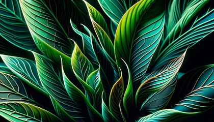 Wall Mural - vibrant digital artwork of stylized green leaves on a dark background. flora graphic design. generat