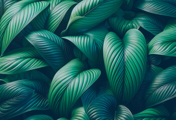 Wall Mural - realistic green leaves pattern with detailed textures on dark background. generative ai