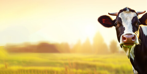 Wall Mural - cow at dawn with a warm glowing light on the pastoral landscape. generative ai