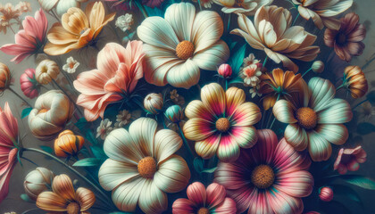 Wall Mural - Artistic depiction of colorful flowers in full bloom with a soft, dreamy atmosphere. Generative AI