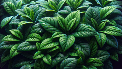 Wall Mural - lush green leaves with dewdrops on a dark background. vibrant natural texture. generative ai