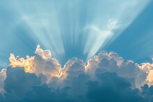 Golden Rays, Blue Sky, Fluffy White Clouds, Light Through Clouds, Cinematic Lighting.