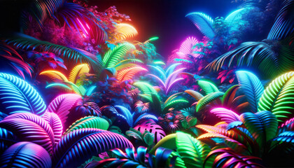 Wall Mural - explosion of multicolored tropical flora in a vibrant, fantastical setting. dreamy landscape concept