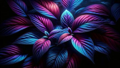 Wall Mural - luminous botanical artwork with leaves in shades of blue and pink on a dark background. generative a