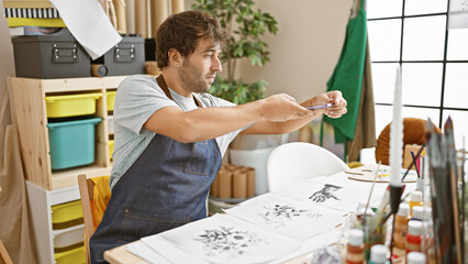 Canvas Print - Confident young hispanic man artist, with a blond beard, makes a mobile photo with his smartphone to draw at an art studio indoors