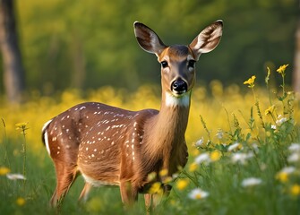 Wall Mural - Roe deer, Capreolus capreolus. Beautiful blooming meadow with many white and yellow flowers and animal