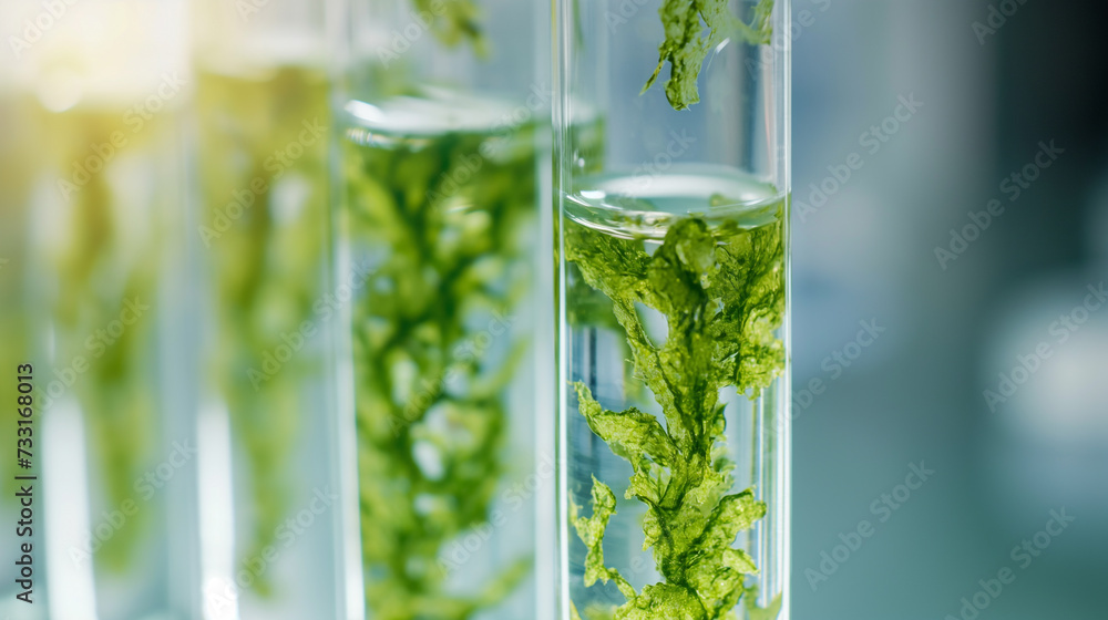 Green algae in a test tube in a laboratory, biology, science ...