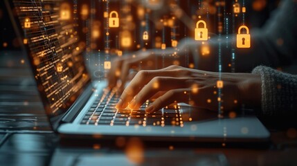 Aufkleber - Close-up of hand typing on a laptop with padlock icons hologram, padlock icon hologram around laptop. Generative AI.
