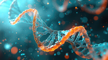 Leinwandbilder - DNA, molecular abstract design in turquoise and orange colors. Generative AI.