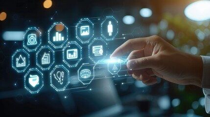 Fototapete - Focus smart white lines and marketing icons inside each in front, an index finger is touching a hexagon, background light blue color, lead management process. Generative AI.