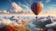 A top view of a hot air balloon floating amidst fluffy clouds against a vibrant blue sky, evoking a sense of adventure and wonder