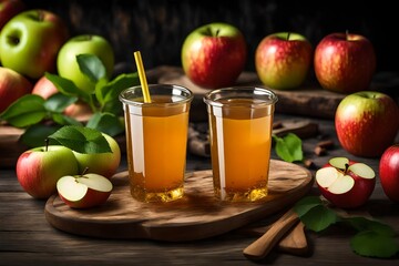 Wall Mural - diposable glass in apple juice and with apple.