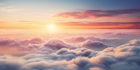 Wall Mural - Aerial view of Beautiful sunrise sky above clouds or fog with dramatic light at dawn.