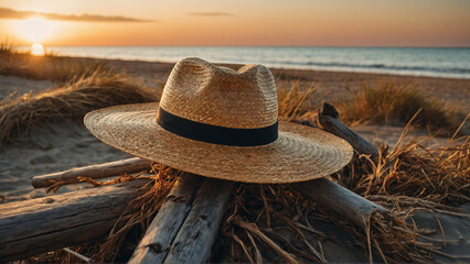 A straw hat placed on a wooden pole on the beach at sunset