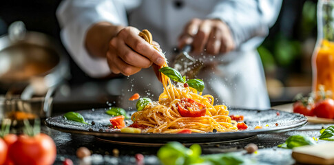 Chef Finishing Touch on Elegant Spaghetti Dish with Fresh Veggies
