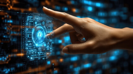 Aufkleber - Digital security a hand pointing at a digital icon on a background, in the style of light bronze and azure, human-canvas integration. Generative AI.
