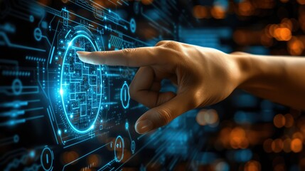 Aufkleber - Digital security a hand pointing at a digital icon on a background, in the style of light bronze and azure, human-canvas integration. Generative AI.