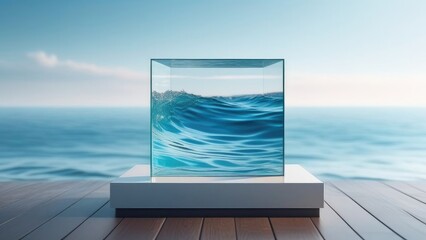 glass podium, a box filled with water on a wooden surface against a background of blue sky and sea. A pedestal for advertising products.