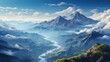 A top view of a mountain peak peeking through a sea of clouds against a serene blue sky, showcasing the majesty of nature