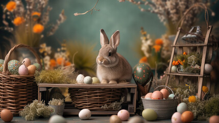 Wall Mural - Easter set with baskets filled with ornaments, bunnies, Easter eggs and other decorations, in the style of spectacular backdrops. Generative AI.