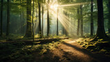 Fototapeta Las - Beautiful forest with bright sun shining through the trees. Scenic forest of trees framed by leaves, with the sunrise casting its warm rays through the foliage.