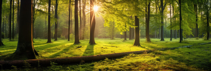  Beautiful forest with bright sun shining through the trees. Scenic forest of trees framed by leaves, with the sunrise casting its warm rays through the foliage.