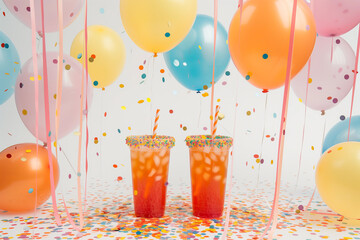 Wall Mural - party backdrop with 2 party drink, balloons, confetti for birthday