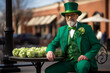  A man leprechaun wearing a green hat and shamrock celebrates St.Patrick day