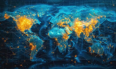 Wall Mural - a screen with a digital map of the world with network connections between nations representing inter