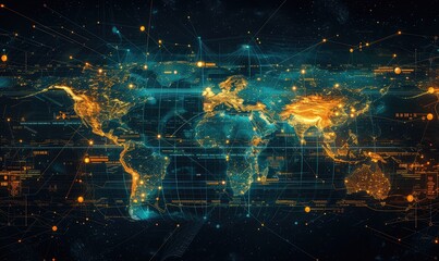 Wall Mural - a screen with a digital map of the world with network connections between nations representing inter