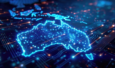 Wall Mural - an abstract image representing the map of australia in a high-tech data flow theme in bright blue co