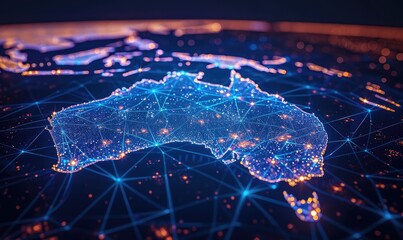 an abstract image representing the map of australia in a high-tech data flow theme in bright blue co