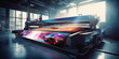 A large wide digital printer machine during production in background of modern print shop.