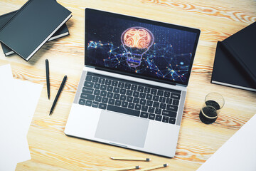 Sticker - Modern computer monitor with creative light bulb hologram with human brain, idea and brainstorming concept. 3D Rendering