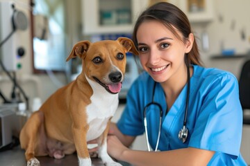 Young female vet with dog in vet clinic