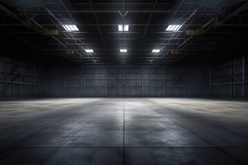 Empty floor, interior of industrial, commercial building. Construction by metal, steel, concrete. Modern factory, warehouse, hangar for backgroud.