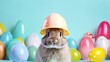 Have a safe happy easter. Cute bunny wearing a pink hard hat and colorful easter eggs on blue background, Generative AI