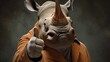 Portrait of friendly rhinoceros making thumbs up.