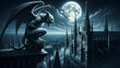 illustration of mythological gargoyles perched atop a Gothic cathedral during a moonlit night