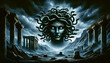 illustration of the mythological creature, the Gorgon, in a dramatic and ancient Greek setting
