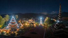 A Bird's Eye View Photo Of Wat Hua Wiang Temple In The Night. .The Temple Is A Shan Style Temple In Mae Hong Son Province Of Thailand.
