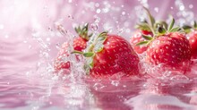 Pink Fresh Watery Strawberries In Water With Splash And Bubbles Background, Freshness Happy Summer Pink Fruit Feminine Background