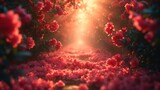 Fototapeta Kwiaty - Słońce świeci przez drzewa i kwiaty