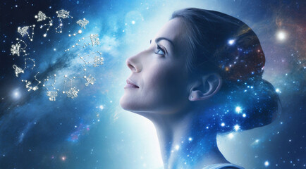 Wall Mural - zodiac signs with stars constellations and woman looking up to horoscope like astrology concept  