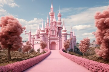 Wall Mural - A wonderful cute princess castle in a fairytale style, a wonderful cute princess castle in a fairytale style, pink design. Ai generated