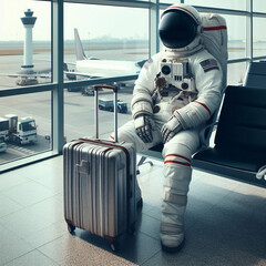 travel, future and science concept - astronaut in spacesuit with suitcase waiting his flight in airp